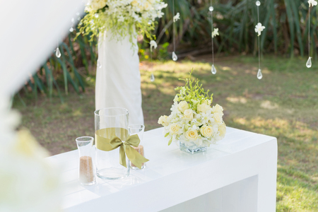 wedding decorations and arrangement, flowers, wedding sand ceremony. selective focus.の写真素材