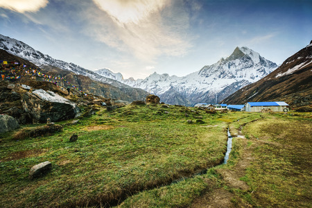 View of the himalayan peak the 6993 ms. mount Machhapuchhare-Fish Tail from Annapurna Base Camp, Nepal.の写真素材