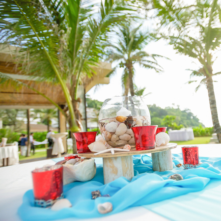 seaside beach wedding decorations and arrangement.の写真素材