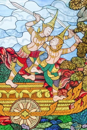 Prachuap Khiri Khan, Thailand: March 31, 2015 - Stained glass image is the story of Mahajanaka at Tangsai Thai Temple In Prachuap Khiri Khan, Thailand.のeditorial素材
