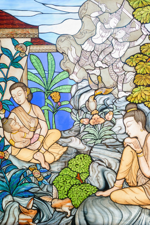 Prachuap Khiri Khan, Thailand: March 31, 2015 - Stained glass image is the story of Mahajanaka at Tangsai Thai Temple In Prachuap Khiri Khan, Thailand.のeditorial素材