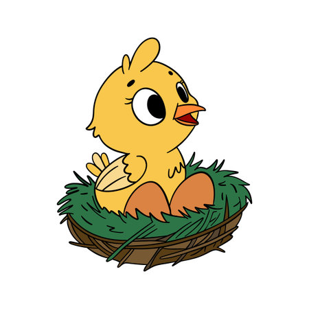 Cute cartoon chicken in a nest with eggs. Vector illustration.のイラスト素材
