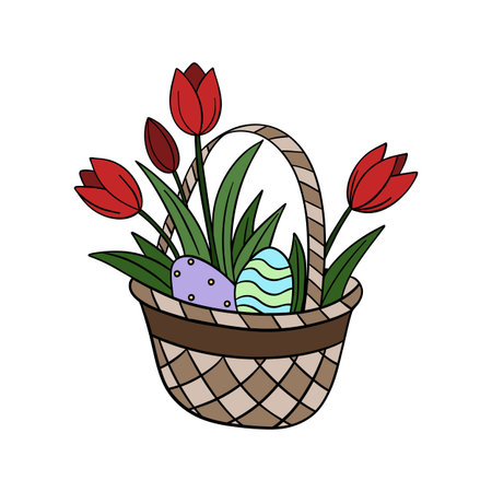 wicker basket with flowers and eggs easter icon vector illustration designのイラスト素材