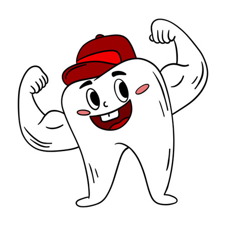 Illustration of a cartoon tooth in a cap on a white backgroundのイラスト素材