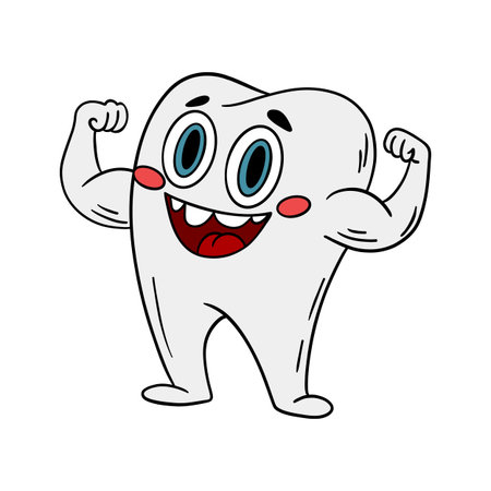Happy cartoon tooth character isolated on white background. Vector illustration.のイラスト素材