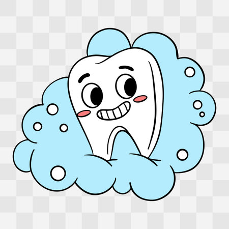 Cute Cartoon tooth character on blue cloud. Vector illustration isolated on transparent backgroundのイラスト素材
