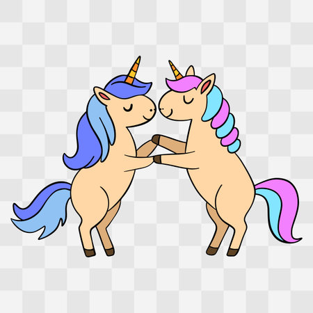 Cute cartoon unicorn couple isolated on transparent background. Vector illustration.のイラスト素材