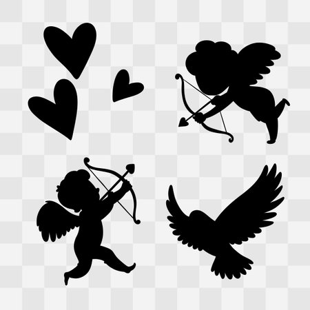 Set of black silhouettes of Cupid with bow and arrow, hearts and wings. Vector illustrationのイラスト素材