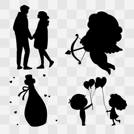 Set of black silhouettes of lovers with balloons and a bottle of wine. Vector illustrationのイラスト素材