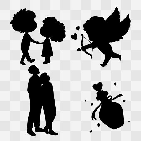 Set of black silhouettes of lovers with hearts, angel and cupid. Vector illustrationのイラスト素材