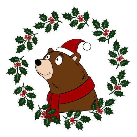 Cute cartoon bear with christmas wreath. Vector illustration.のイラスト素材