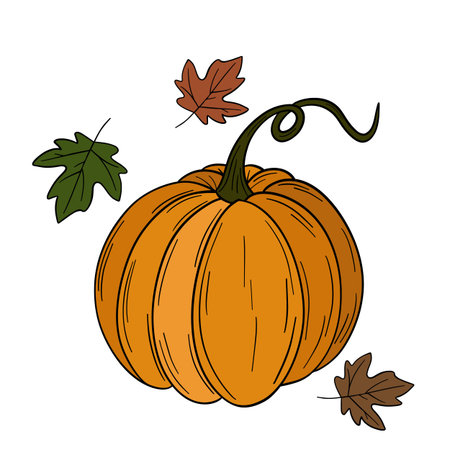 Orange pumpkin with happy face. Halloween and thanksgiving autumn occasions. October festival decoration. Element collection line art hand drawnのイラスト素材