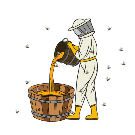 Beekeeper pouring honey from a bucket into a wooden barrel. Vector illustration.