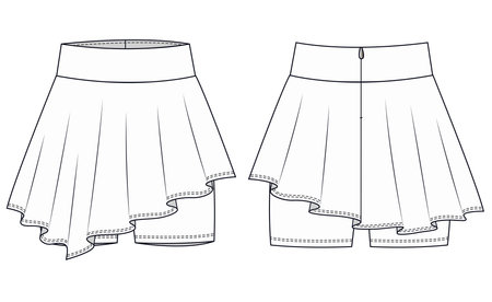 Girls Sports Shorts and Skirt fashion flat sketch template. Women Active wear Shorts and Skirt technical fashion illustration. Tennis sportswear fashion concept.のイラスト素材