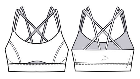 Girl's Sport Bra fashion flat sketch template. Women's Active wear Crop Top technical fashion illustration, front and back view, white. Bra fashion cad.のイラスト素材
