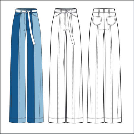 Girl's Jeans pants fashion flat design. Women's Denim pants, Jeans technical fashion flat template. Jeans pants with full length, normal low waist, pockets, patchwork design.のイラスト素材