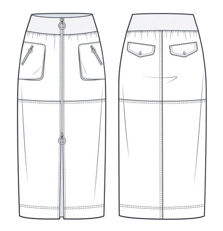 Midi Skirt technical fashion illustration. Denim zip-up Skirt fashion flat sketch template, midi lengths silhouette, front and back pockets, elastic waistband, front, back, white color style, CAD mockup.のイラスト素材