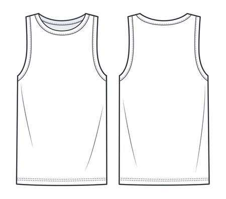 Unisex Tank Top technical fashion illustration. Jersey Tank Top, T-Shirt technical drawing template, crew neckline, front, back view, white colour, women, men, unisex CAD mockup.のイラスト素材