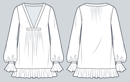 Mini Dress technical fashion illustration. Ruffled Dress fashion flat technical drawing template, frill details, v neck, oversize, front and back view, white, women CAD mockup.のイラスト素材