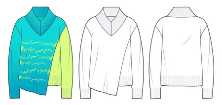Sweater, Jumper technical fashion illustration. Sweatshirt fashion technical drawing template, overfit, v neck, front and back view, white, blue, women, men, unisex CAD mockup set.のイラスト素材