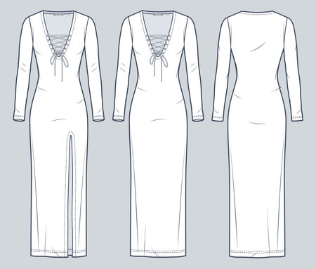 Jersey maxi Dress technical fashion illustration. Lace-up Dress fashion technical drawing template, front slit, slim fit, long sleeve, front, back view, white, women CAD mockup set.のイラスト素材