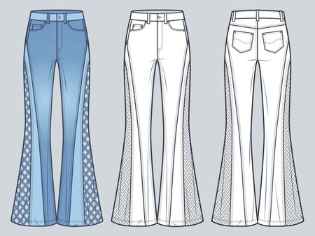 Flared Jeans Pants technical fashion illustration. Cutouts Pants fashion flat technical drawing template, full length, front and back view, white, women, men, unisex CAD mockup setのイラスト素材