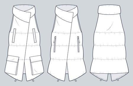 Set of Puffer Vest Coat technical fashion Illustration. Down Jacket technical drawing template, roll neck, sleeveless, front and back view, white, women, men, unisex CAD mockup.のイラスト素材