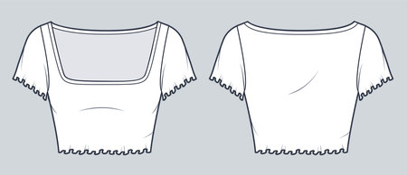 Crop top technical fashion illustration. Cropped Tee Shirt fashion technical drawing template, lettuce hem, square neck, slim fit, front, back view, white color, women CAD mockup.のイラスト素材