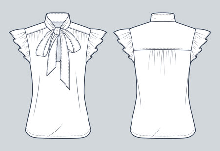 Bow Tie Neck Shirt technical fashion Illustration. Tie Neck Blouse fashion flat technical drawing template, short flutter sleeve, front and back view, white, women CAD mockup.のイラスト素材