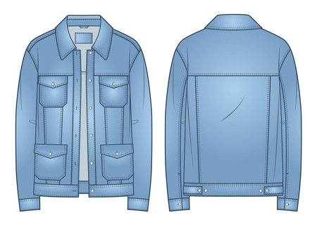Denim Jacket technical fashion Illustration, blue design. Jeans Jacket fashion technical drawing template, oversize, button, front, back view, blue, women, men, unisex CAD mockup.のイラスト素材