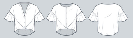 Frill Sleeve Shirt technical fashion Illustration. Blouse fashion flat technical drawing template, button-down, oversize, front and back view, white, women CAD mockup set.のイラスト素材