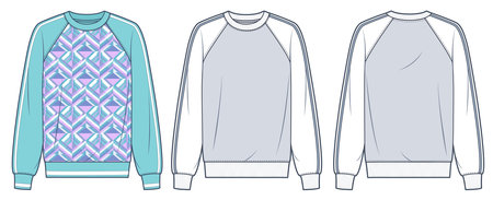 Sweatshirt technical fashion illustration. Raglan Sleeve Sweatshirt fashion flat technical drawing template, front, back view, white, grey, women, men, unisex CAD mockup set.のイラスト素材