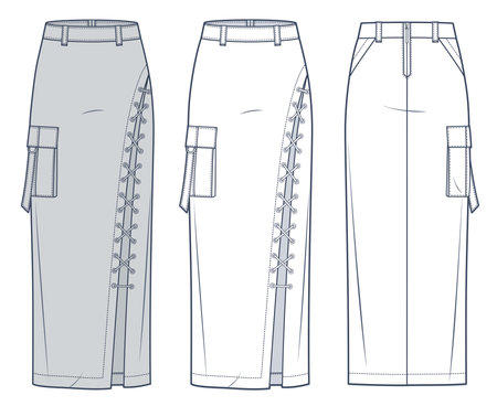 Lace Up Skirt technical fashion illustration. Maxi Skirt fashion flat technical drawing template, asymmetric, pocket, slim fit, front, back view, white, gray, women CAD mockup set.のイラスト素材