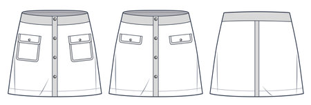 Mini Skirt technical fashion illustration. Button down Skirt fashion flat technical drawing template, pocket, A-line, front button, front and back view, white, women CAD mockup setのイラスト素材