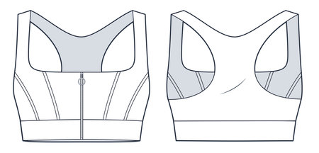 Zipped Sports Bra technical fashion illustration. Crop Top fashion flat technical drawing template, front zipper, slim fit, front and back view, white, women Activewear CAD mockup.のイラスト素材