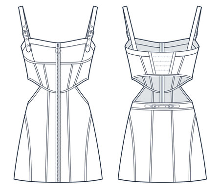 Corset Dress technical fashion Illustration. Dungaree Dress fashion technical drawing template, buckle, zipper, cutout, mini length, front, back view, white, women CAD mockup set.のイラスト素材
