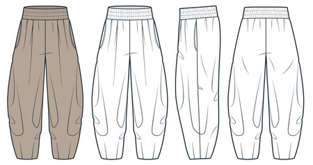 Balloon Pants fashion flat technical drawing template. Harem Pants technical fashion illustration, elastic waistband, pockets, white, brown, women, men, unisex CAD mockup set.のイラスト素材