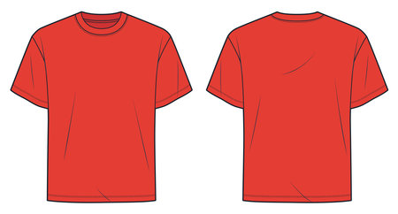 Basic T-Shirt fashion flat technical drawing template. Unisex T-Shirt technical fashion illustration, relaxed fit, front and back view, red, women, men, unisex CAD mockup set.のイラスト素材
