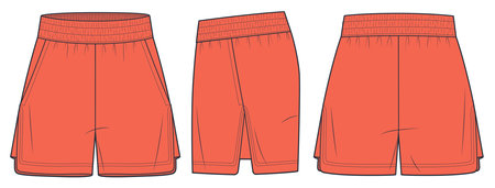 Sport Shorts technical fashion illustration. Short Pants fashion technical drawing template, pockets, front, side and back view, mandarin orange, women, men, unisex CAD mockup set.のイラスト素材