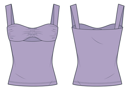 Striped Top technical fashion illustration. Bustier Top fashion flat technical drawing template, draped, slim fit, front and back view, pastel lilac color, women CAD mockup.のイラスト素材