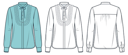 Tie Neck Shirt technical fashion Illustration. Ruffled Blouse fashion flat technical drawing template, cuffed sleeve, button, front and back view, white, blue, women CAD mockup setのイラスト素材
