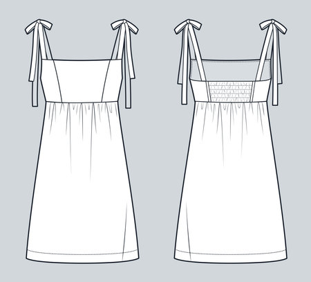 Strap Sundress technical fashion illustration. Mini Dress fashion flat technical drawing template, gathering, square neck, front and back view, white, womens Dresses CAD mockup.のイラスト素材