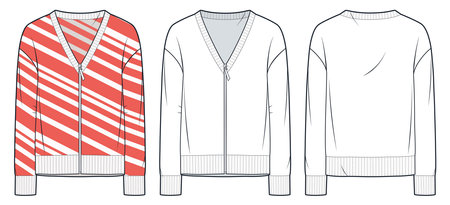 Zipped Cardigan technical fashion illustration, striped design. Sweatshirt fashion technical drawing template, front, back view, white, coral red, women, men, unisex CAD mockup setのイラスト素材