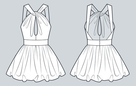 Halter mini Dress technical fashion illustration. Balloon Dress fashion flat technical drawing template, back zipper, draped, front, back view, white color, women Dress CAD mockup.のイラスト素材