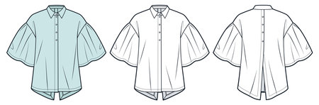 Flared Sleeve Shirt technical fashion Illustration. Blouse fashion technical drawing template, asymmetric bottom, front, back view, white, blue, women, men, unisex CAD mockup set.のイラスト素材