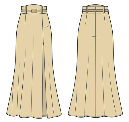 Long Bias Skirt technical fashion illustration. High Waist Skirt fashion flat technical drawing template, belt, A-line, zipper, front and back view, beige, women Skirt CAD mockup.のイラスト素材
