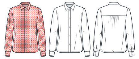 Collar Shirt technical fashion Illustration, geometric pattern. Blouse fashion flat technical drawing template, front and back view, white, red, women, men, unisex CAD mockup set.のイラスト素材