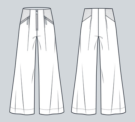 Wide leg Pants fashion technical drawing template. Jogger Pants technical fashion illustration, elastic waist, zipper, pocket, front back view, white, women, men, unisex CAD mockupのイラスト素材