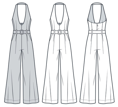 Plunge Jumpsuit technical fashion Illustration. Wide Leg Jumpsuit fashion flat technical drawing template, pocket, front, back view, white, grey, women, men, unisex CAD mockup setのイラスト素材