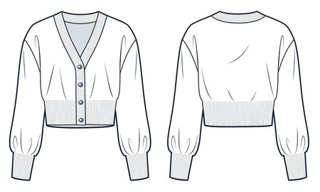 Knit Cardigan technical fashion illustration. V Neck Sweater fashion flat technical drawing template, crop, buttons, front and back view, white, women, men, unisex CAD mockup.のイラスト素材